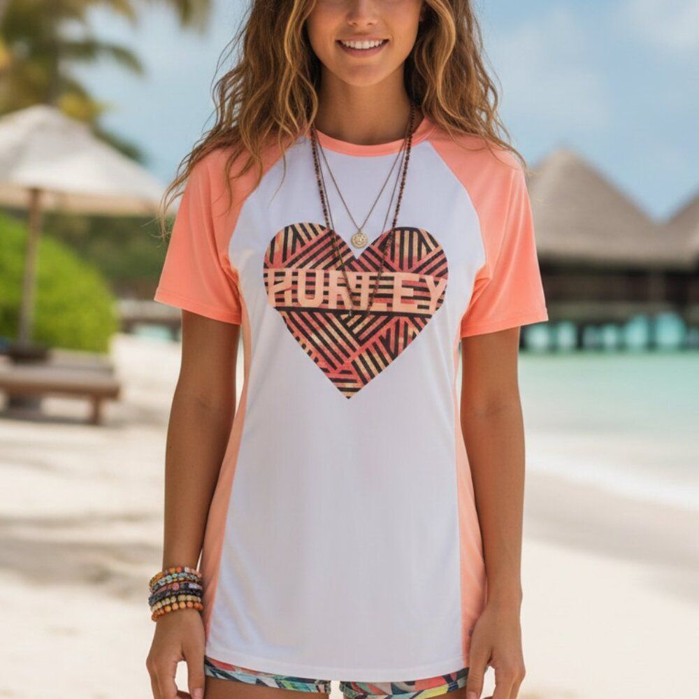 Hurley Orange Pink Y2K Athletic Top Heart Logo UPF 50+ Size Small